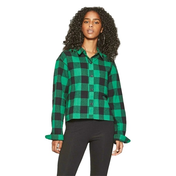 wild fable Tops - Wild Fable Green and Black Plaid Cropped Button Down Shirt 4X NWOT